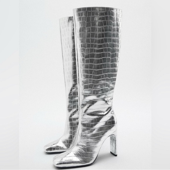 NWT ZARA Silver Metallic Laminated Croc Print Fashion Tall Boots Heel Shoes 39 8 - Picture 3 of 16